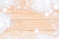 Wood snow. Winter wooden texture background. Christmas board with old rustic wall, white frozen ice. Top view with copy Royalty Free Stock Photo