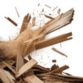 Wood Splinters and Dust Cloud Exploding Against White Background flying debris Royalty Free Stock Photo