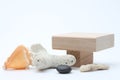 Wood stack cube platform podium on gray light copy spase background. Minimal empty display product presentation scene