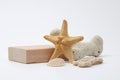 Wood stack cube platform podium on gray light copy spase background. Minimal empty display product presentation scene
