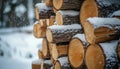 Wood Stacking For Winter: Arranging Blocks And Logs With Snow For Drying And Storage In Close-Up View In Winter Or Spring. Royalty Free Stock Photo