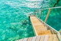 Wood stair into the sea of tropical Maldives island . Royalty Free Stock Photo