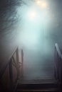 wood staircase in the fog. misty forest. Royalty Free Stock Photo