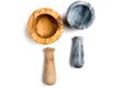 Wood and stone mortar and pestle. on white background Royalty Free Stock Photo