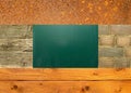 Wood, stone wall, rusty iron, school board