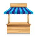 Wood street stall with blue awning and wooden sign on white background Royalty Free Stock Photo