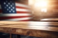 Wood table with American flag background. Generate ai Royalty Free Stock Photo
