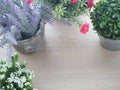 wood table with beautiful flower frame on pot and free copy space for text, view from top wood table. Royalty Free Stock Photo