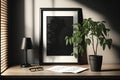 a wood table with a black photo frame on it and a wall lit by a window Royalty Free Stock Photo