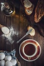 Wood table with breads and ingredients Royalty Free Stock Photo