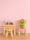 Wood table and chair in pink child room, 3D rendering Royalty Free Stock Photo