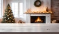 Wood table with christmas room and fireplace background with copy space Royalty Free Stock Photo