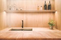 Wood table counter top on blur kitchen interior background Royalty Free Stock Photo