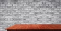 Wood table in front of brick wall blur background. Royalty Free Stock Photo