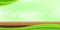 Wood table front view and green graphic on bokeh soft, blank table top wooden for decoration display ad, wood plank for background