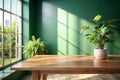 Wood Table Green Wall Background with Sunlight Royalty Free Stock Photo