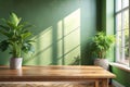 Wood Table Green Wall Background with Sunlight Royalty Free Stock Photo