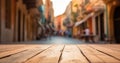 Wood table mockup with Medina city street in shallow depth of field. Copy space for product. Generative AI