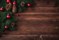 Wood table plank in vertical with pine leaves and pine cones holly balls and candy cane in Christmas theme concept Wooden