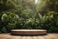 a wood table among plants and flowers in the outdoors 3d rendering, in the style of dark green, minimalist ceramics
