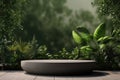 a wood table among plants and flowers in the outdoors 3d rendering, in the style of dark green, minimalist ceramics
