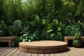 a wood table among plants and flowers in the outdoors 3d rendering, in the style of dark green, minimalist ceramics