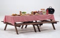 Wood table and red napkin cover for outdoor party Royalty Free Stock Photo