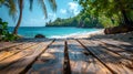 Wood table with sea and coconut tree background, Summer Travel Vacation Background AI generated Royalty Free Stock Photo