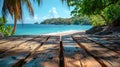 Wood table with sea and coconut tree background, Summer Travel Vacation Background AI generated Royalty Free Stock Photo