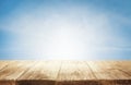 Wood Table Top Background, Empty Wooden Desk over Blue Sky Royalty Free Stock Photo