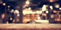 Wood table top Bar with blur light bokeh in dark night cafe Royalty Free Stock Photo