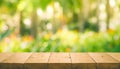 Wood table top on blur of fresh green abstract from garden Royalty Free Stock Photo