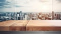 Wood table top on blur glass window wall building background. Generative ai Royalty Free Stock Photo