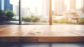 Wood table top on blur glass window wall building background. Generative ai Royalty Free Stock Photo