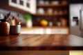 Wood table top on blur kitchen counter (room) in background . copy spacy for product. AI Generative