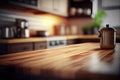 Wood table top on blur kitchen counter (room) in background . copy spacy for product. AI Generative
