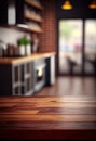 Wood table top on blur kitchen counter (room) in background . copy spacy for product. AI Generative