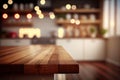 Wood table top on blur kitchen counter (room) in background . copy spacy for product. AI Generative