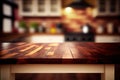 Wood table top on blur kitchen counter (room) in background . copy spacy for product. AI Generative