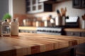 Wood table top on blur kitchen counter (room) in background . copy spacy for product. AI Generative