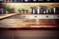 Wood table top on blur kitchen counter (room) in background . copy spacy for product. AI Generative