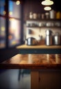 Wood table top on blur kitchen counter (room) in background . copy spacy for product. AI Generative