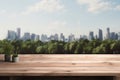Wood table top on blur modern city background. For montage product display or design key visual layout background Royalty Free Stock Photo