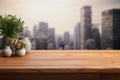 Wood table top on blur modern city background. For montage product display or design key visual layout background Royalty Free Stock Photo