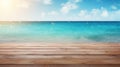 wood table top on blur sparkling sea water and summer with blue sky and sunlight Royalty Free Stock Photo