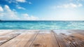 wood table top on blur sparkling sea water and summer with blue sky Royalty Free Stock Photo