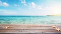 wood table top on blur sparkling sea water and summer with cloudy blue sky Royalty Free Stock Photo