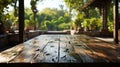 Wood table top on blur of window with garden flower background in morning. AI Generativebackground, kitchen, window, counter, Royalty Free Stock Photo