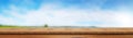 Wood table top on blurred of panorama Sky blue background. Sky cloud clear Royalty Free Stock Photo