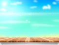 Wood table top with blurred sea,sun and beach at background, Mock up template for display or montage of your product, Summer Royalty Free Stock Photo